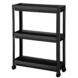Slim Rolling Storage Carts Wholesale – 3 Tier Plastic Unit Black | 6 pcs