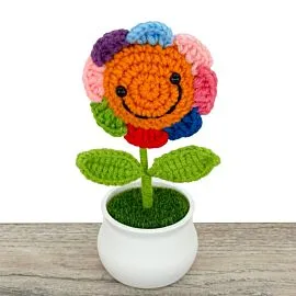 rainbow crochet sunflower in pot