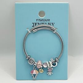 Stainless Steel Charm Bracelet with Pink and Silver Beads Design