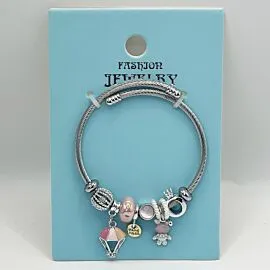 Stainless Steel Charm Bracelet with Pink and Silver Beads Design