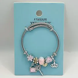 Stainless Steel Charm Bracelet with Pink Gemstone Design