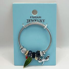 Stainless Steel Charm Bracelet with Leaf and Butterfly Design