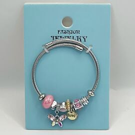 Stainless Steel Charm Bracelet with Pink Beads and Butterfly Design