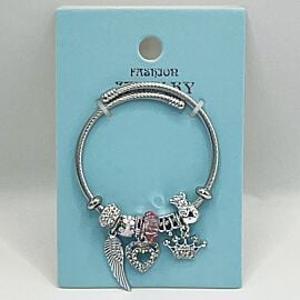 Stainless Steel Charm Bracelet with Rhinestone Heart and Crown Design