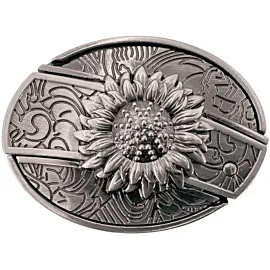 silver hidden knife belt buckle with sunflower design