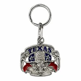 Texas Buckle Style Pistols Keychain - Silver-Tone Red Enamel Lone Star Souvenir Charm