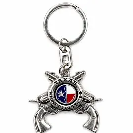 Texas Lone Star Crossed Pistols Keychain - Silver-Tone Enamel Shield Western Charm