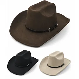 Dozen Wholesale Felt Cowboy Hats with Slim Black Leather Ranger Buckle Hatband - Assorted Black, Cream & Khaki