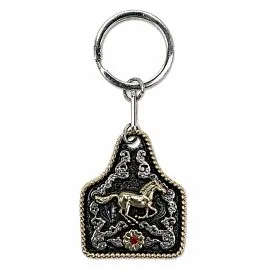 Trotting Horse Cattle Tag Keychain - Two-Tone Rope Edge Western Cowgirl Charm
