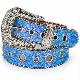 Turquoise Blue Glitter Rhinestone Belt - Clear Crystal Silver-Tone Pavé Buckle Grommet Bling Cowgirl Western Belt