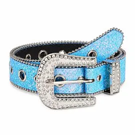 Turquoise Blue Glitter Rhinestone Belt - Clear Crystal Silver-Tone Pavé Buckle Grommet Bling Cowgirl Western Belt