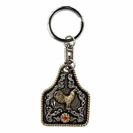 Twin Roosters Cattle Tag Keychain - Two-Tone Rope Edge Western Gallo Charm