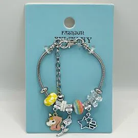 Stainless Steel Charm Bracelet with Rainbow Bead and Unicorn Design - Adjustable