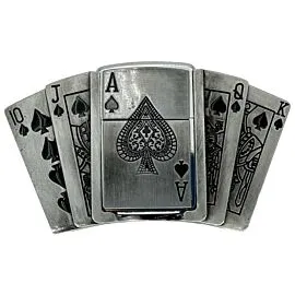 Poker Belt Buckle Lighter – Ace, Royal Flush, Cards Theme, Fits 1.5” Belt Width, Metal, Men’s