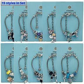 Juego de pulseras ajustables de acero inoxidable con dijes variados - Estilos únicos | 15 piezas