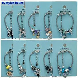 Mixed Stainless Steel Adjustable Charm Bracelets Set - Unique Styles | 15 Pcs