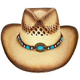 Brown shade raffia straw breathable woman western cowboy hat with a beaded band at wholesale prices