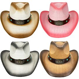 Wholesale Cowgirl Hats Bulk - Bull Buckle with Turquoise Beaded Band