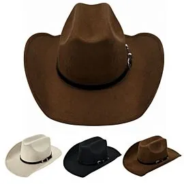 Dozen Wholesale Felt Cowboy Hats with Slim Black Leather Ranger Buckle Hatband - Assorted Black, Cream & brown