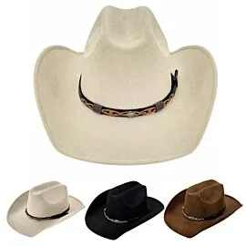 Dozen Wholesale Felt Cowboy Hats with Tan Cutout Leather Band and Silver Plaque - Assorted Black, Cream & Brown
