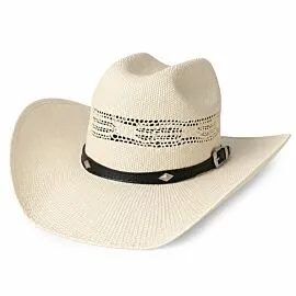 Wholesale Ivory Woven Straw Cowboy Hats – Black Leather Hatband with Silver Diamond Studs – Cattleman Crown