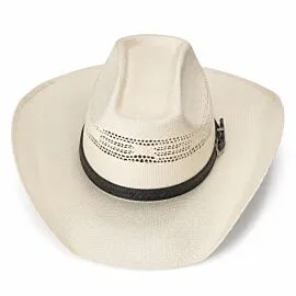 Wholesale Ivory Woven Straw Cowboy Hats – Embossed Scroll Black Leather Hatband – Wide Rodeo Brim