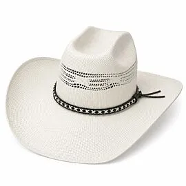 Wholesale Ivory Woven Straw Cowboy Hats – Southwestern X-Stitch Hatband with Black Leather Ties – Wide Rodeo Brim