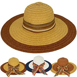 wholesale women's summer hats with multicolor mesh ribbon - beige, brown and blue