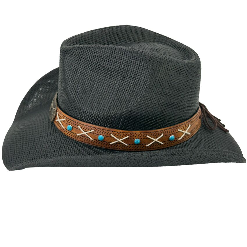 Black Paper Straw Cowboy Hat With Skull Design