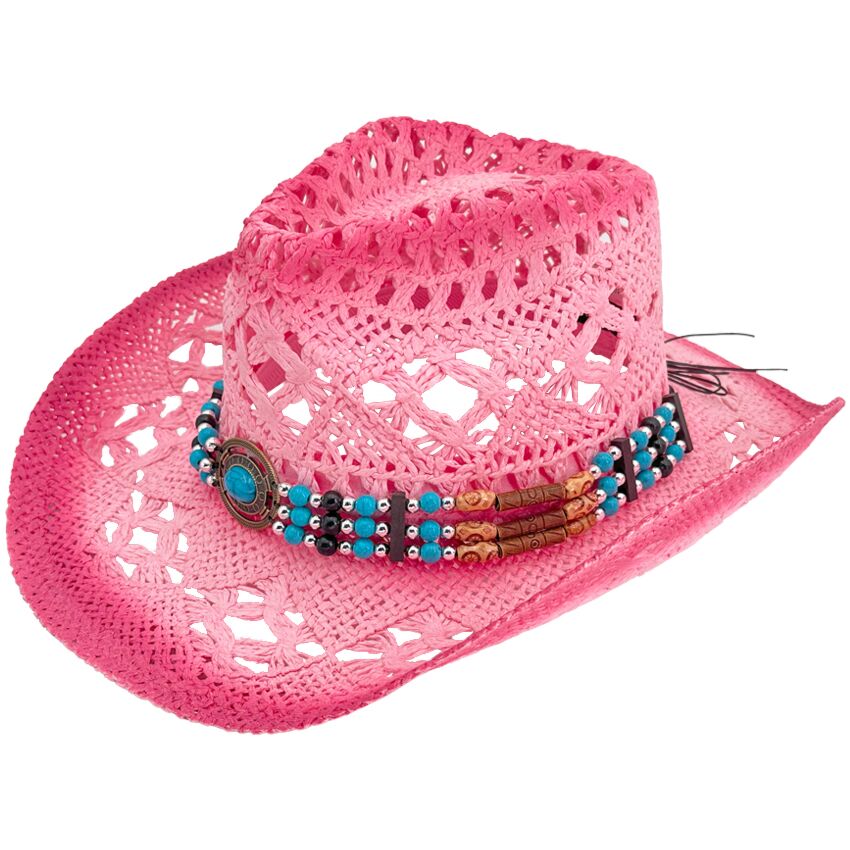 Breathable Pink Cowboy Hat with Turquoise Beaded Band in Bulk