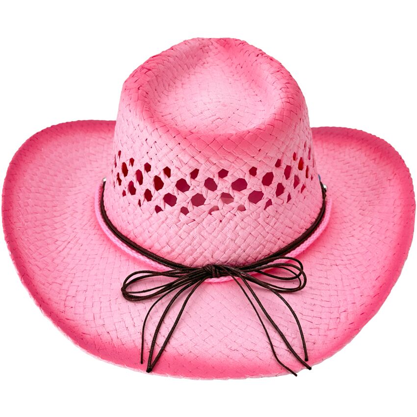 Wholesale Breathable Raffia Straw Pink Cowboy Hat with Beaded Band