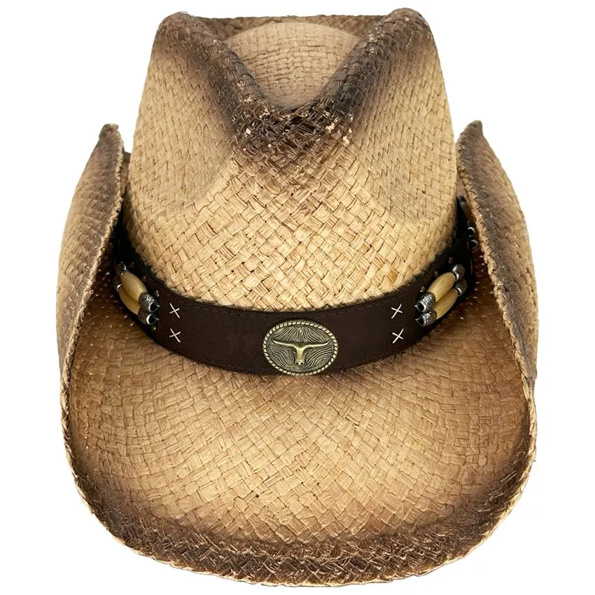 Wholesale Raffia Cowboy Hats with Bull Buckle