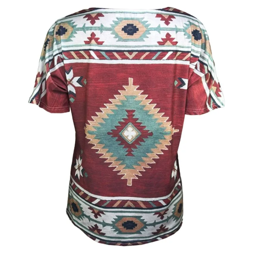 Cassis T-shirt met etnische print en decoratieve banden aan de hals