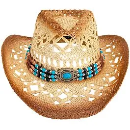 1197 Western Straw Cowboy Hat Boho Men Women With Turquoise Beaded Band, western cowboy straw hat women men summer sun hat beaded - Temu main image 4