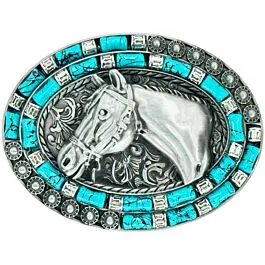 Rodeo Quincy Virgil Horse Belt Buckle with Turquoise Details Navajo Horse in Horse Shoe Pattern Turquoise Gold Silver  main image 2