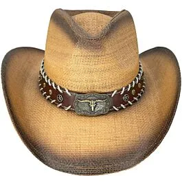 Brown Paper Straw Cowboy Hat with Long Horn Bull Leather  display picture 2