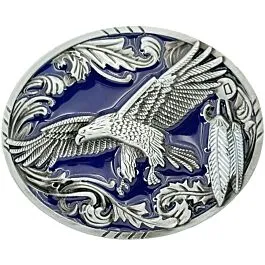 Western belt buckle has a eagle with outstretched wings, set against scrollwork Silver Tone Eagle Western Belt Buckle with Flower Scrollwork  main image 4