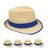 Brown Straw Trilby Fedora Hat with Blue Strip Band