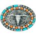 Long-Horn Bull Design Turquoise and Brown Beaded Western Belt Buckle