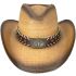 Paper Straw Brown Cowboy Hat with Long Horn Bull Leather Laced Band