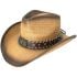 Paper Straw Brown Cowboy Hat with Long Horn Bull Leather Laced Band