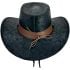 Vintage Black Leather Cowboy Hats with Bull Buckle and Band - Adjustable Strap
