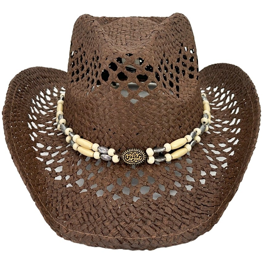 Hollow Straw Brown Cowboy Beach HATS with Vintage Beaded HATband
