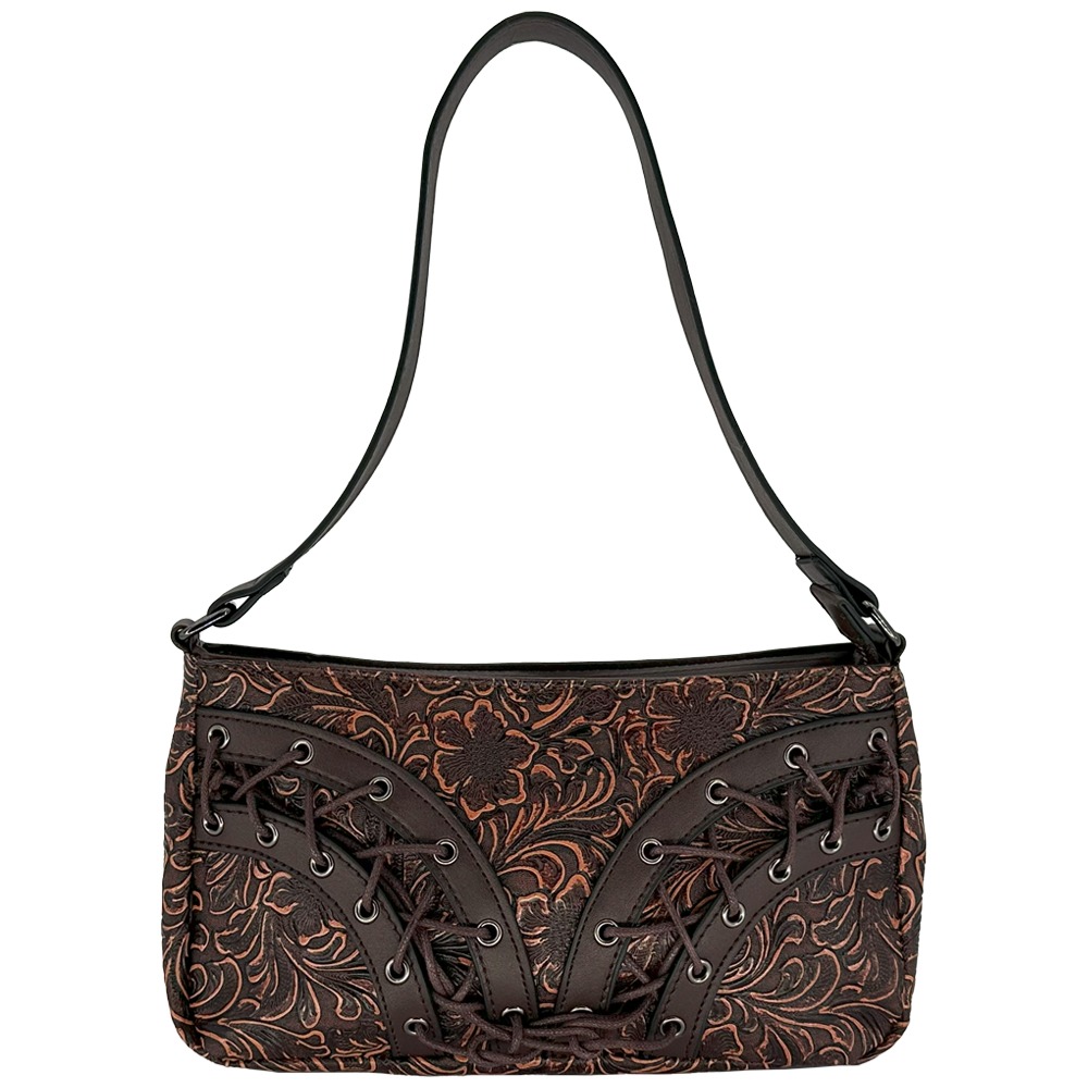 Dark Brown Floral Embossed Western LEATHER HANDBAGs for Ladies