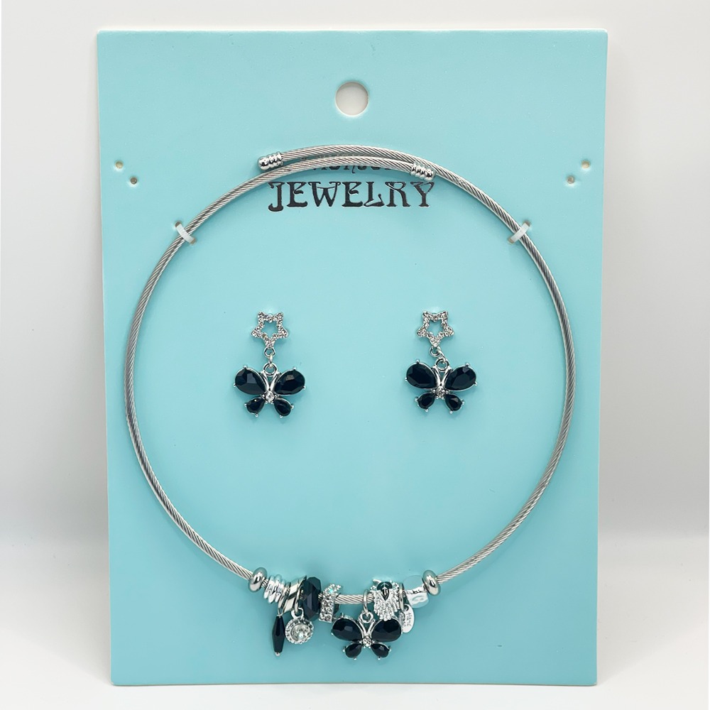 Stainless Steel Charm Necklace and EARRINGS Set - Dark Butterfly Design