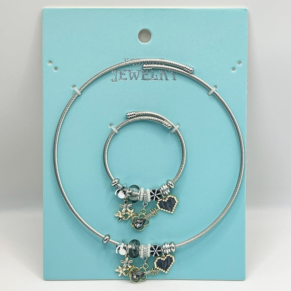 Stainless Steel Charm Bracelet and Necklace Set - Dark GOLD Guitar and Heart Design