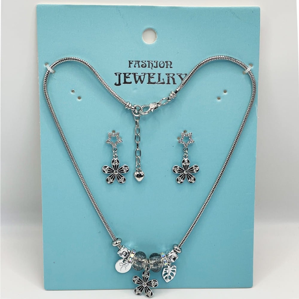 Adjustable Stainless Steel Charm Necklace and EARRINGS with Black Lucky Flower Design