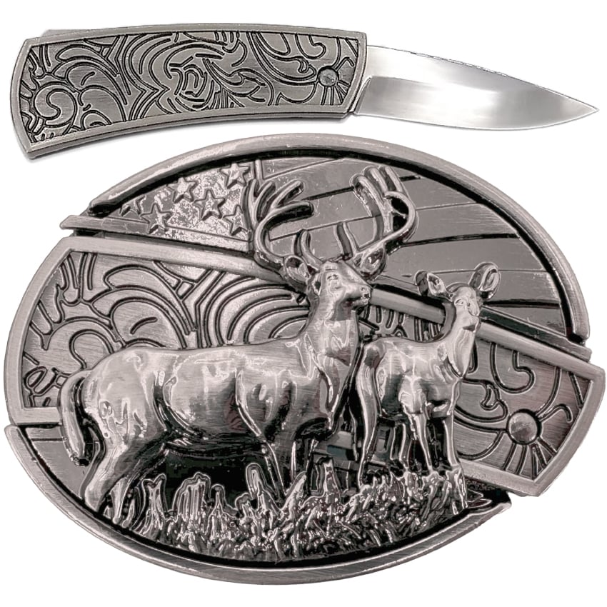 Deer and USA Flag Design Hidden Knife BELT Buckles