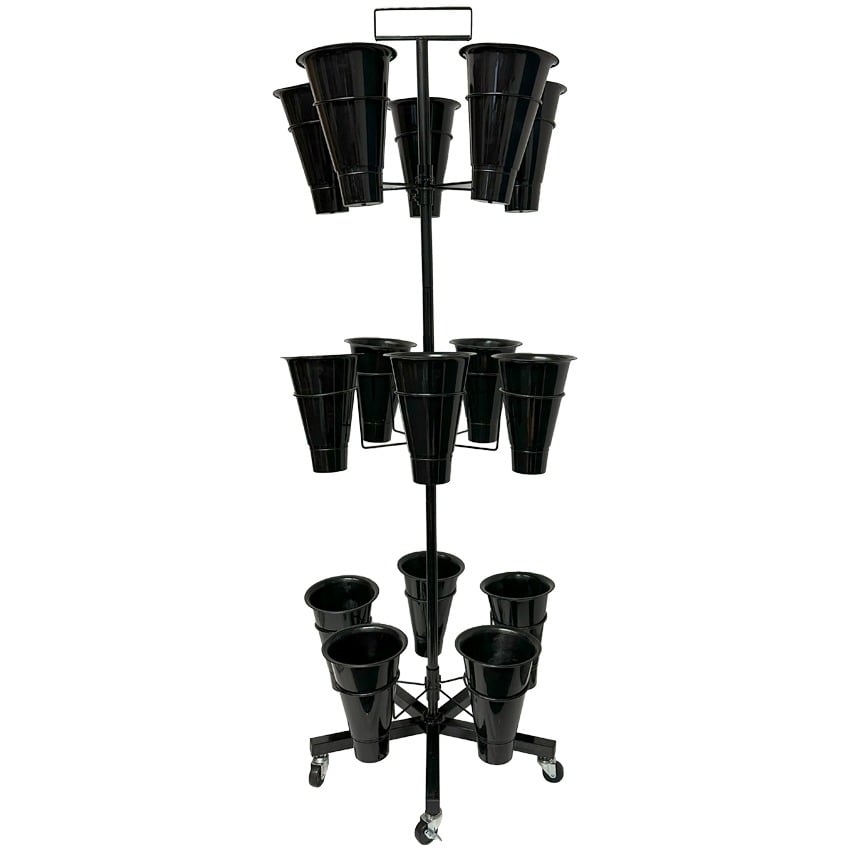 3-Tier Rotating Mobile Display Rack for Crochet Flowers and Bouquets with 15 Plastic VASE