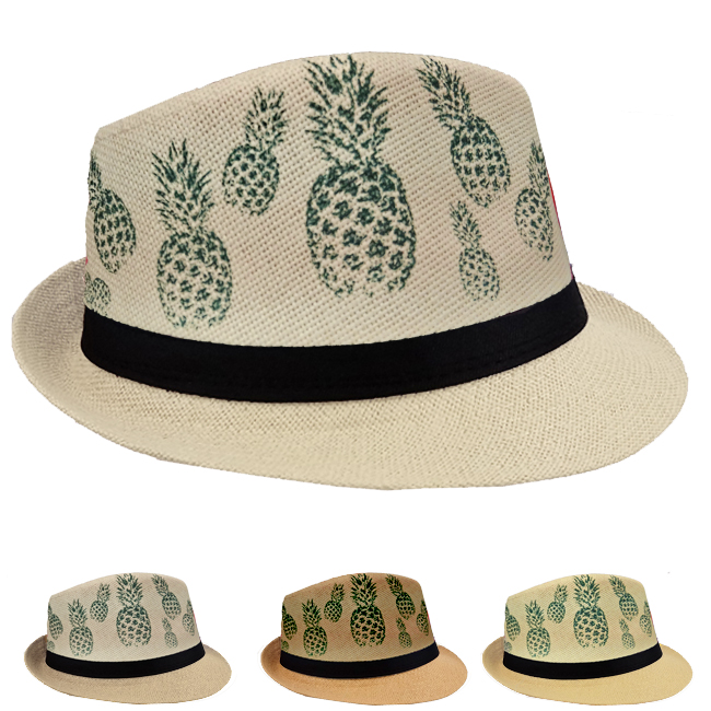 PINEAPPLE Print Trilby Straw Fedora Hat Set